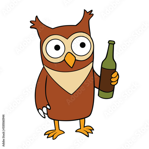 A tipsy owl clutches a frothy beer, eyes half-closed with a silly grin. Feathers ruffled, it sways gently, enjoying its playful, boozy night under the stars.
