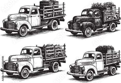 A collection of drawn.  vintage style Rusty Farm Trucks with Crates and Tools – Countryside Nostalgia.