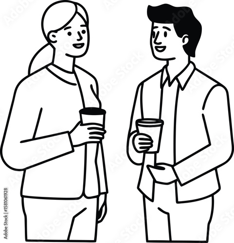 Friendly Chat: A sketch of two individuals, enjoying coffee during a pleasant conversation, radiating positivity and connection.