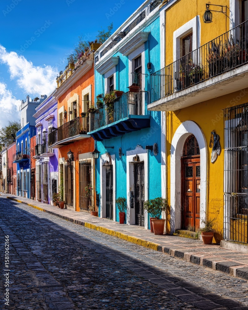 Fototapeta premium Vibrant, colorful colonial street scene. Sunny day, charming architecture.