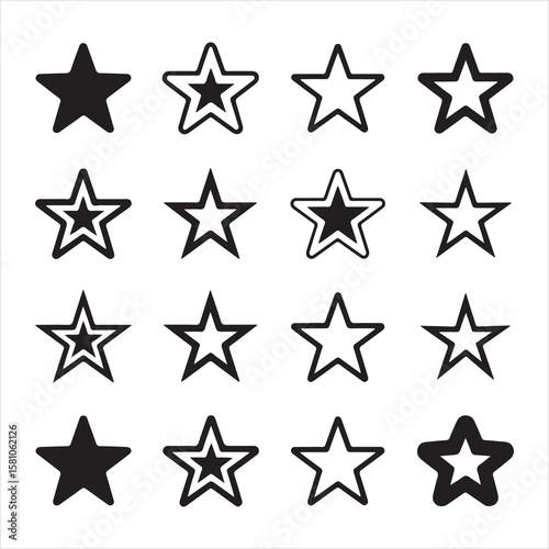 Collection of sixteen black and white star icons in a grid format stars