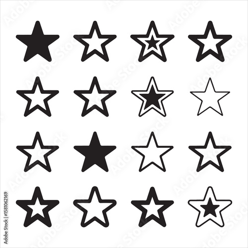 Collection of sixteen black and white star icons in a grid symbol shape