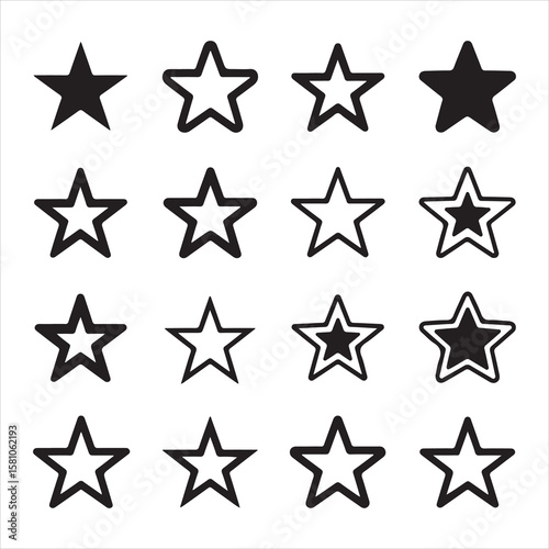 Collection of sixteen black and white star icons in a grid symbol shape 1