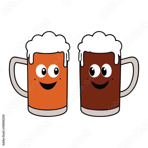 Two frosty mugs clink together, filled with rich ale—one light and golden, the other dark and robust—celebrating good times and hearty flavors in every refreshing sip.
