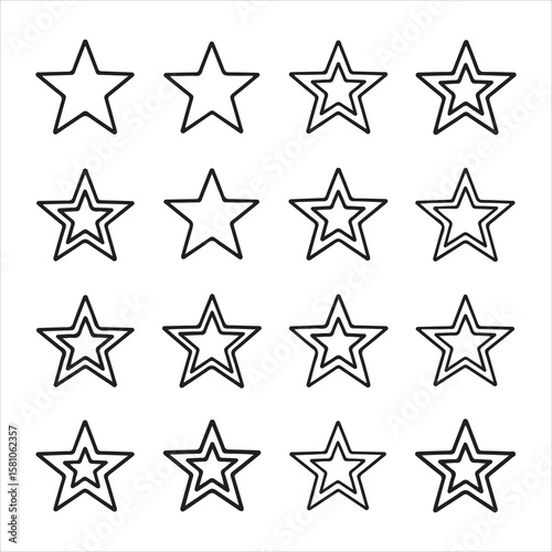 Sixteen black outline stars in a four by four grid on a white background vector