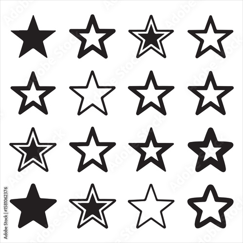 Collection of sixteen black five pointed stars in various styles on white background shape