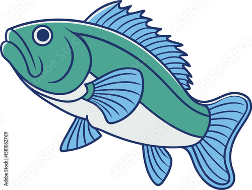 Stylized illustration of a green and blue bass fish with dark blue outlines