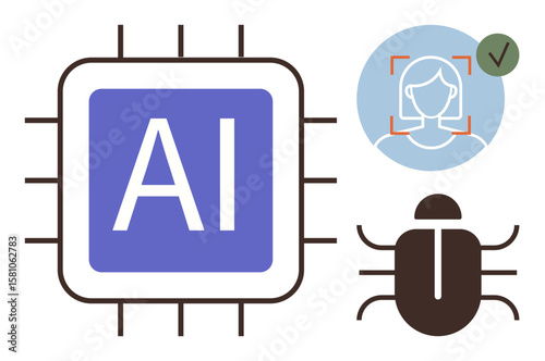 AI processor chip, face recognition icon with validation, and bug icon reflect innovation and challenges. Ideal for technology, AI analytics, software development, biometrics, machine learning