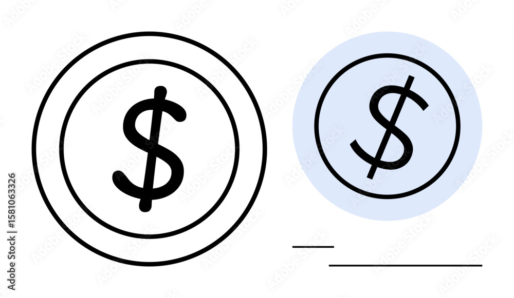 Fototapeta premium Dollar coin designs with bold lines and minimalist style for finance-related themes. Ideal for money, banking, investment, saving, accounting, business, economy. Simple flat metaphor