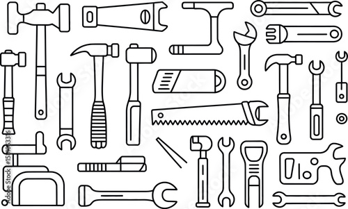 Line Art Tool Collection: Hammers, Wrenches, and Saw; DIY Repair Concept