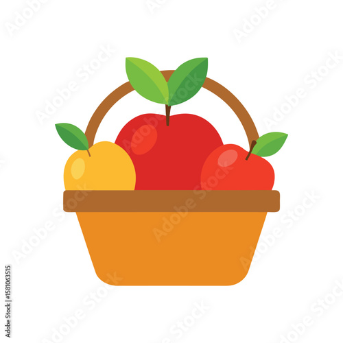 A woven basket filled with fresh red and yellow apples and green leaves isolated on white background
