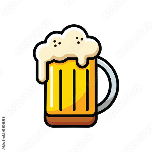 A frothy mug of golden beer with dark outlines isolated on white background