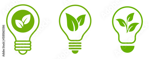 Sustainable ecological energy icon. Shining electric ecology light bulb with leaf inside. Go green lamp tube silhouette.