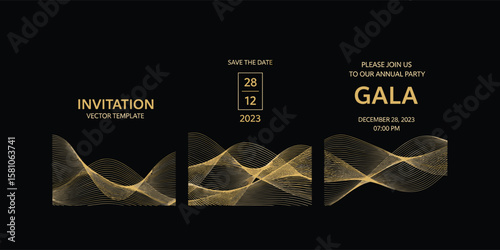 Luxury wedding invitation card background vector. Golden elegant gold wavy lines on brown background. 