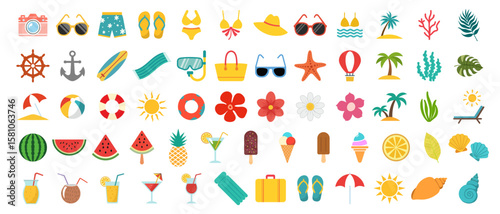 Set cute summer holiday beach elements icons. Hello summer lettering. Cartoon vector illustration.