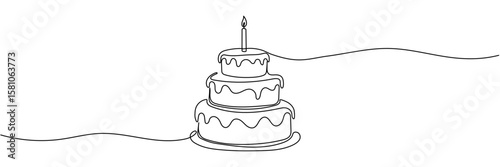 Continuous line drawing of a birthday cake with candle,Continuous Line Drawing of Happy Birthday Icon. Editable stroke