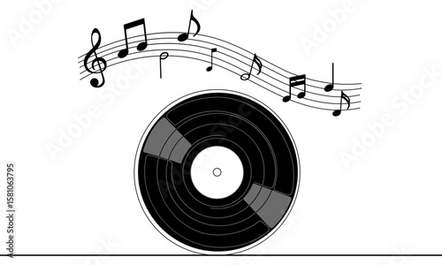 Vintage retro vinyl record disc and music notes vector illustration