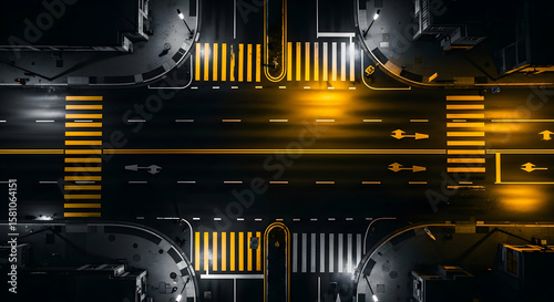 Aerial view of a city street intersection at night with vibrant yellow traffic markings and streetlights