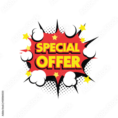 Dynamic comic style special offer burst with stars and halftone dots isolated on white background
