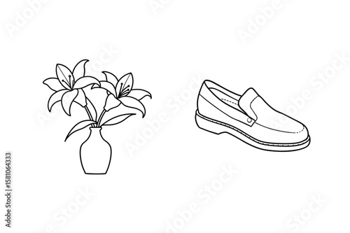 Lily flowers in vase and loafer shoe line art drawing