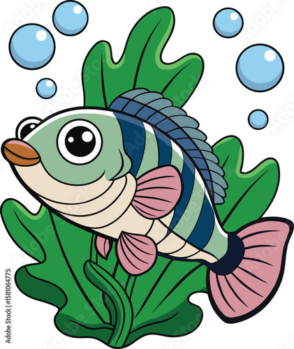 Cute cartoon fish swimming happily among green underwater plants with blue bubbles