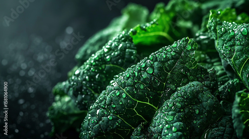 Fototapeta Naklejka Na Ścianę i Meble -  Close up of a green snake in wet water surrounded by fresh fern leaves and drops of dew showing macro texture