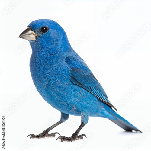 Vibrant indigo bunting presenting its vivid plumage with precision on white background