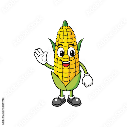 Friendly cartoon corn character waving hello with a cheerful expression isolated on white background