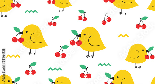 Charming Yellow Birds Delightfully Pecking at Juicy Red Cherries in a Whimsical Pattern