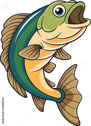 Cartoon bass fish leaping out of water with mouth open and blue eyes