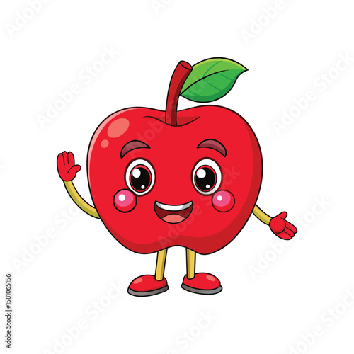 Happy cartoon red apple character waving hello with a smile and rosy cheeks isolated on white background