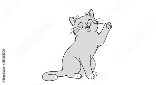 A Charming Gray Cat Greets Enthusiastically with a Friendly Wave