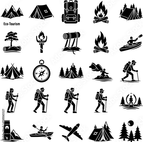 Black and White Eco-Tourism Icon Set: Outdoor Adventure Symbols