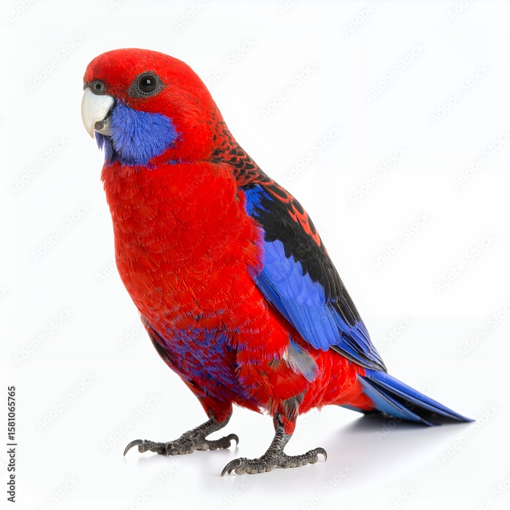 Obraz premium Vibrant crimson rosella perched gracefully, displaying vivid plumage on white background