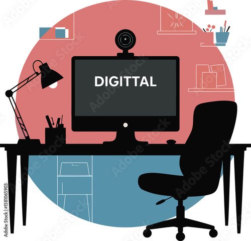 Desk setup with computer lamp and chair webcam