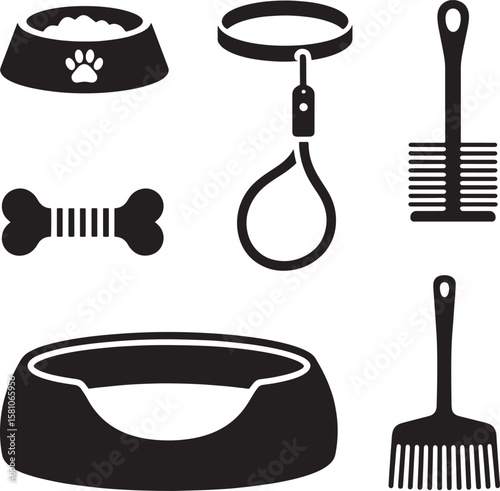 Dog accessories including bowl bone collar leash brush and scoop vector