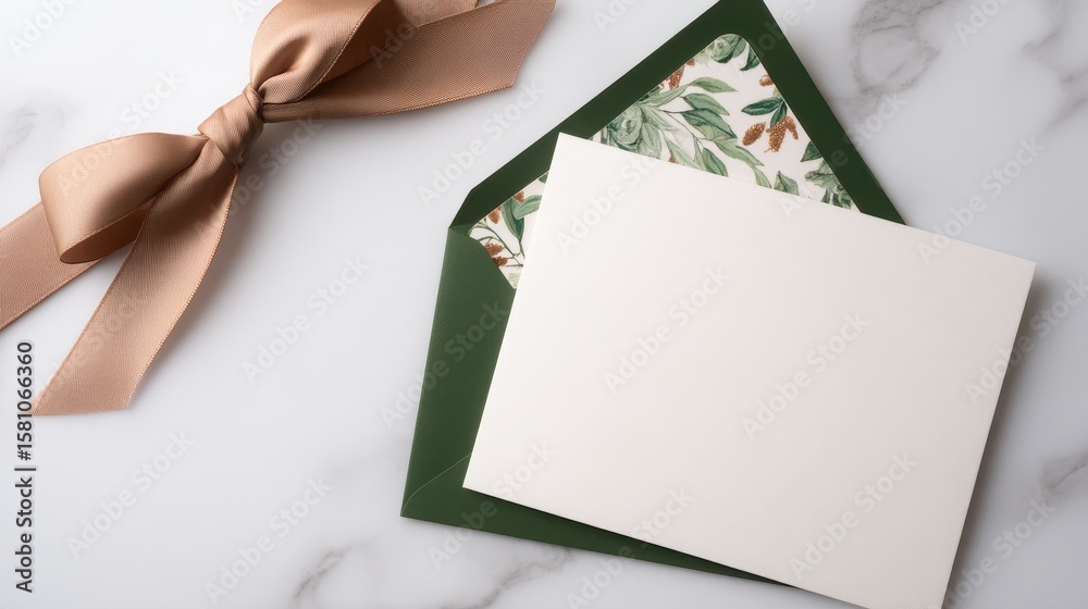 Obraz premium Elegant envelope with a floral interior and blank card, adorned with a soft ribbon on marble