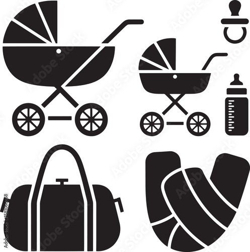Baby stroller bottle pacifier bag bib vector