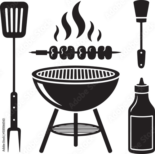 Barbecue grill with tools and food on skewer spatula fork