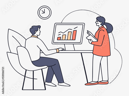 Online Business Analytics video conference between two people discussing infographics, modern flat illustration style