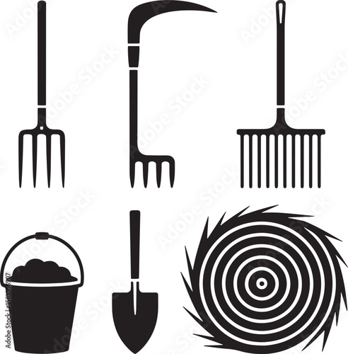 Black garden tools and saw blade fork rake