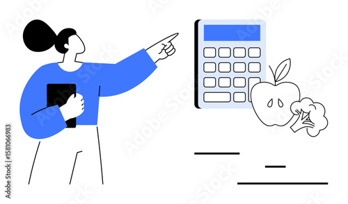 Woman pointing at a calculator, holding a tablet, alongside an apple and broccoli. Ideal for health, diet tracking, wellness, balanced eating, meal planning, education simple landing page