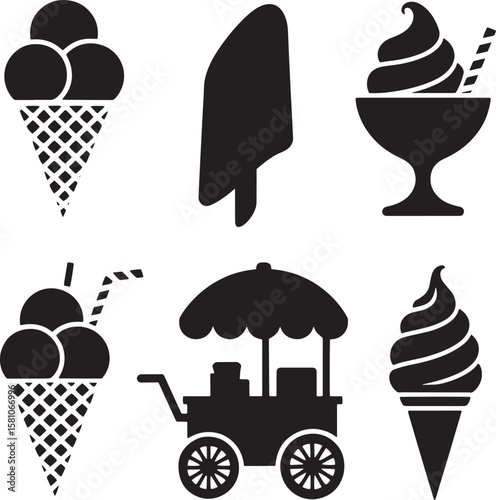 Black ice cream and cart icons cone popsicle