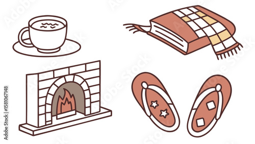 Illustration of a cup of tea, a book with a scarf, a fireplace, and a pair of flip flops on a white background