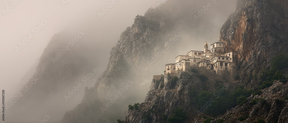 Fototapeta premium Misty mountaintop monastery. A serene, white building nestled in the clouds.