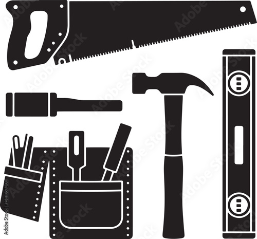 Black silhouette of carpentry tools including a saw hammer level and tool belt vector