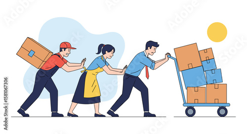Teamwork in logistics and delivery services pushing boxes and packages with effort