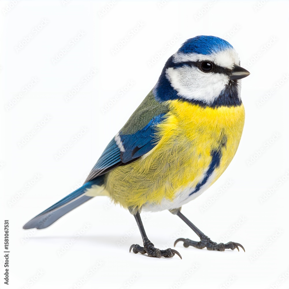 Naklejka premium Striking portrait of a eurasian blue tit with vibrant plumage in studio setting on white background