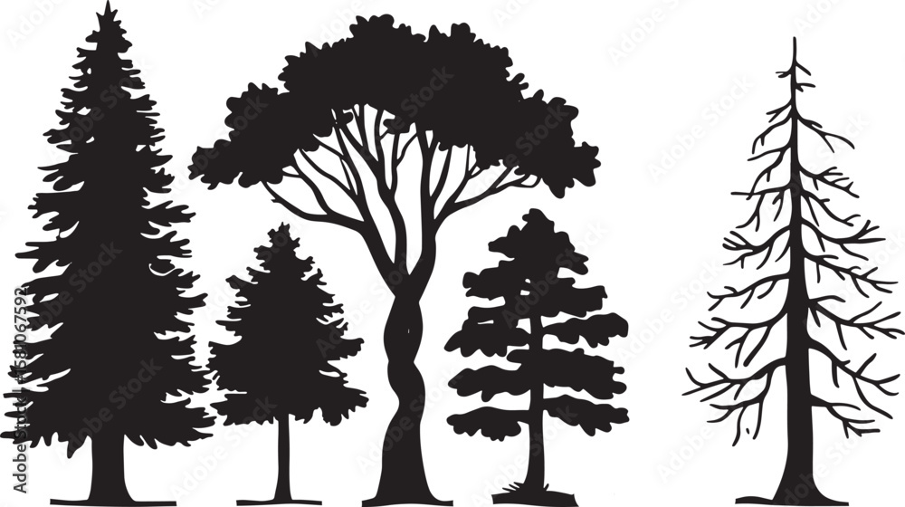 Fototapeta premium Tree Silhouette Vector Set: Pine, Evergreen, Deciduous, Forest, Nature, Plant, Wood, Outdoor, Environment, Landscape