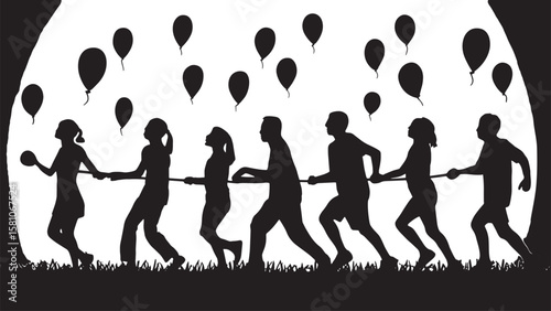 Tug of War Team Silhouette Collection Group of People Pulling Rope in Competition Black and White Vector Illustration